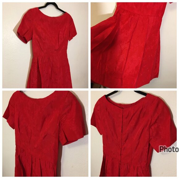 Vintage 50s Red Brocade Cocktail Party Dress Christmas Holidays MCM (IB) - Picture 3 of 16